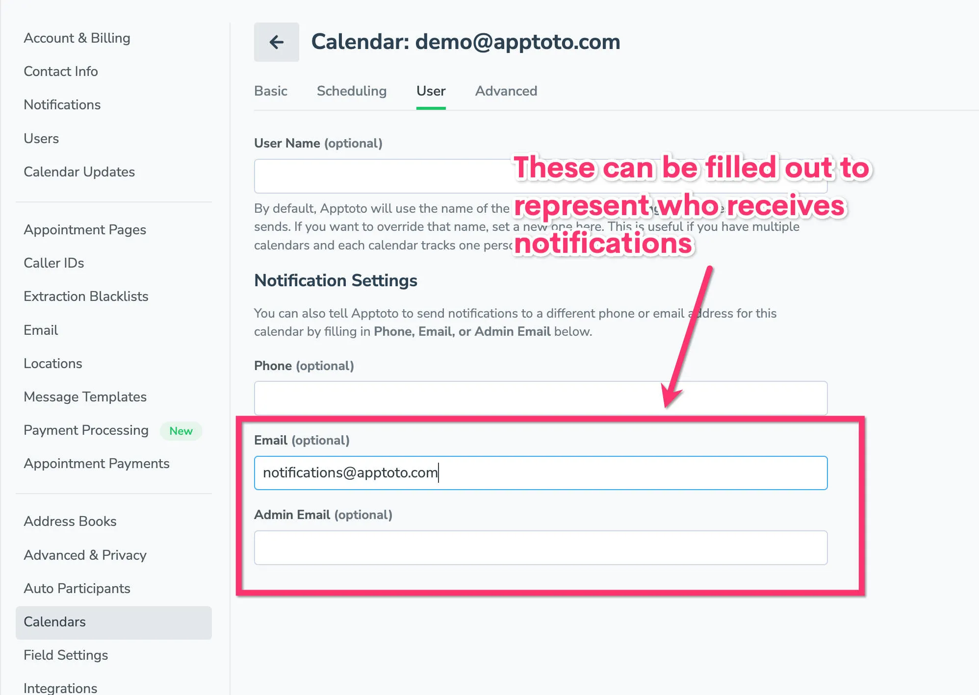 Add calendar owner and admin emails on the Settings > Calendars > User tab.