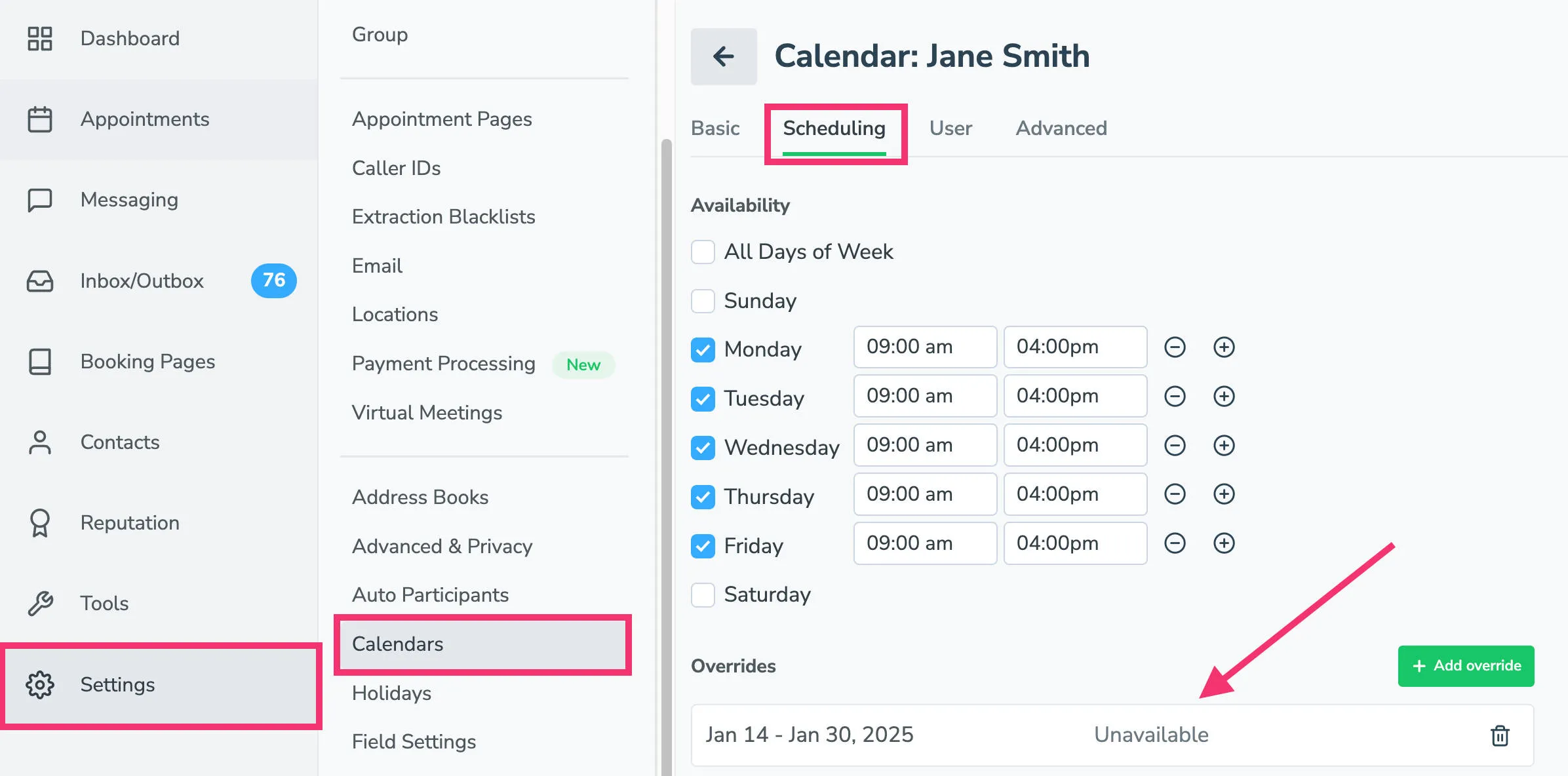Calendar availability override blocking appointment availability on booking page