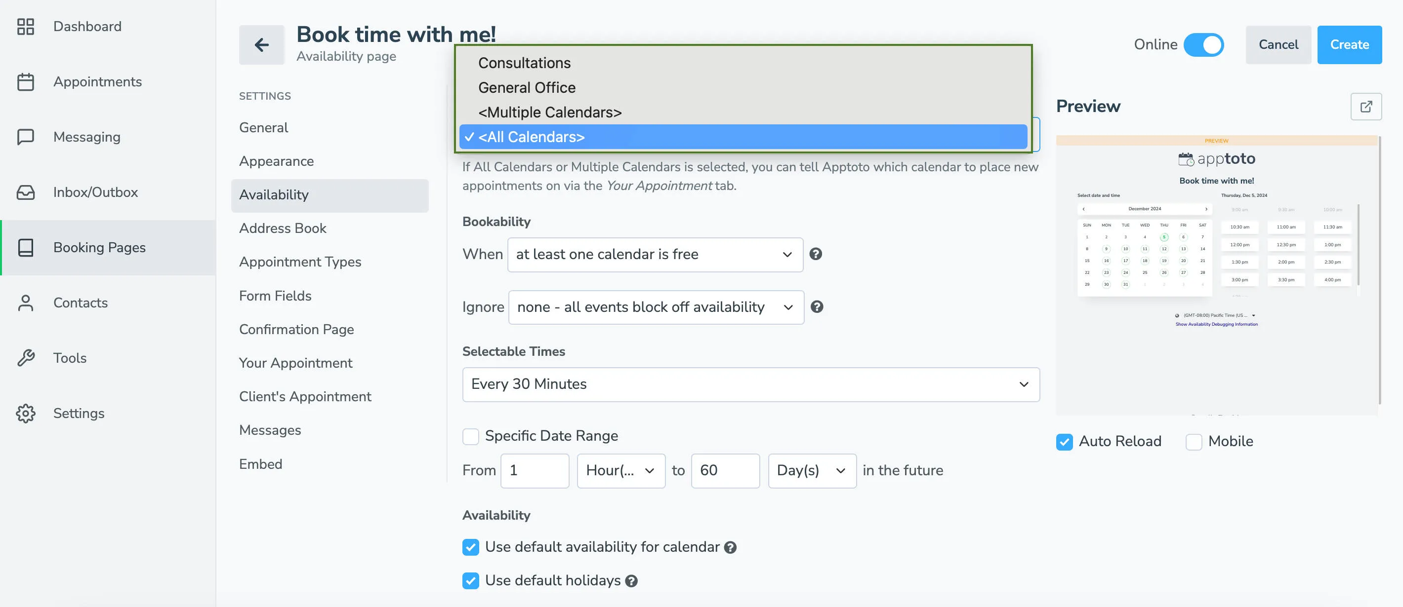 Select if you want one or all calendars associated with booking page in apptoto