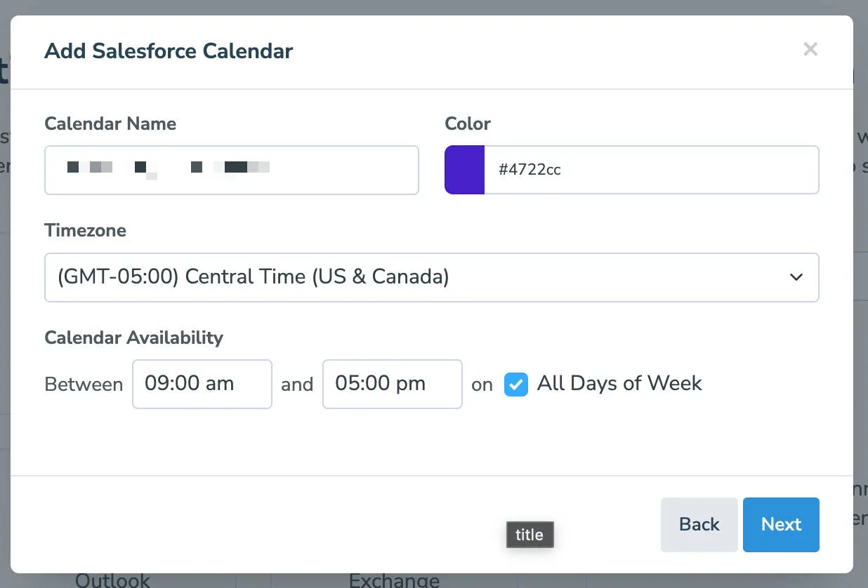 Apptoto interface where users should enter name and details of Salesforce calendar