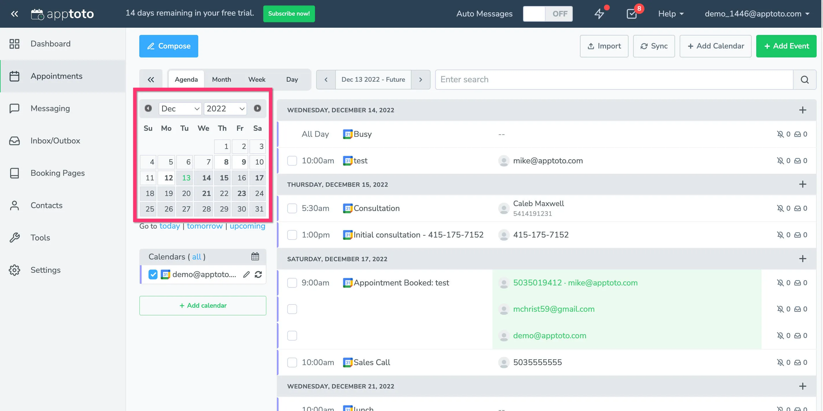 Toggle between viewing your appointment schedule by month, week, day, or agenda