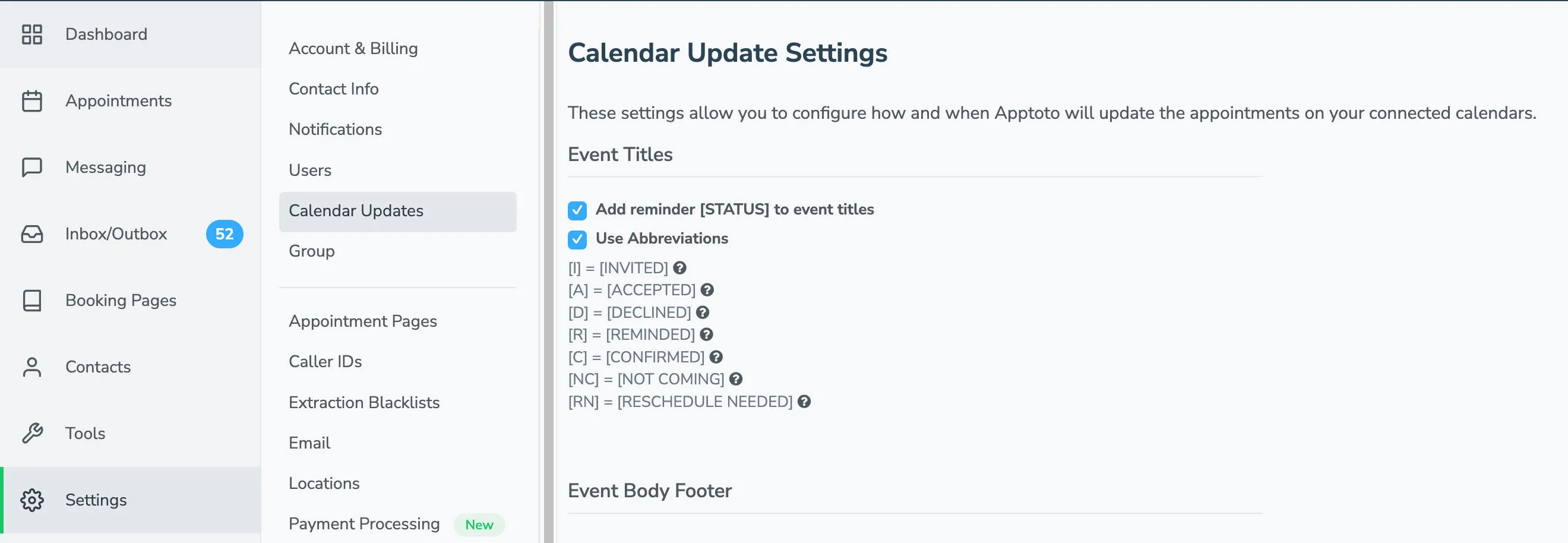 Apptoto appends an appointment reminder status at the start of an event title