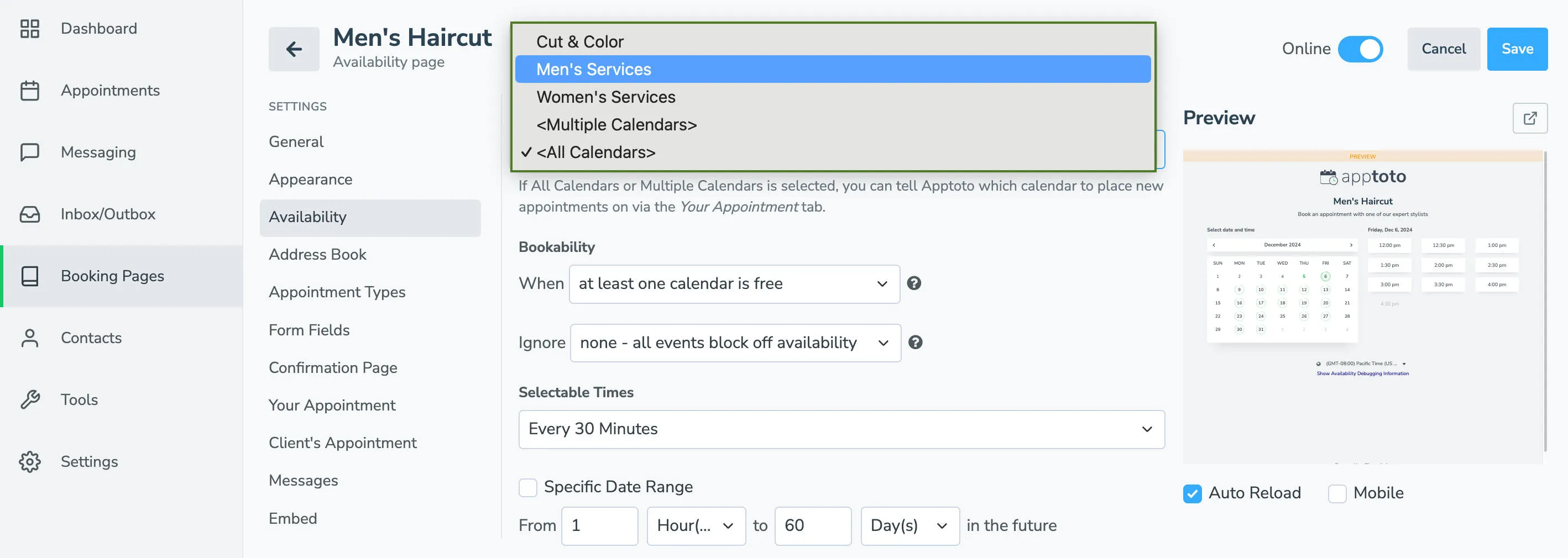 The Calendar setting tells Apptoto which calendar to use to determine if there are open appointments