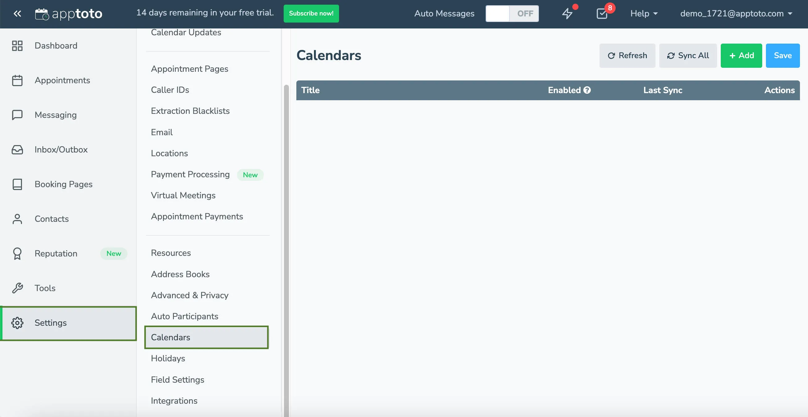 Calendars tab to add new calendars