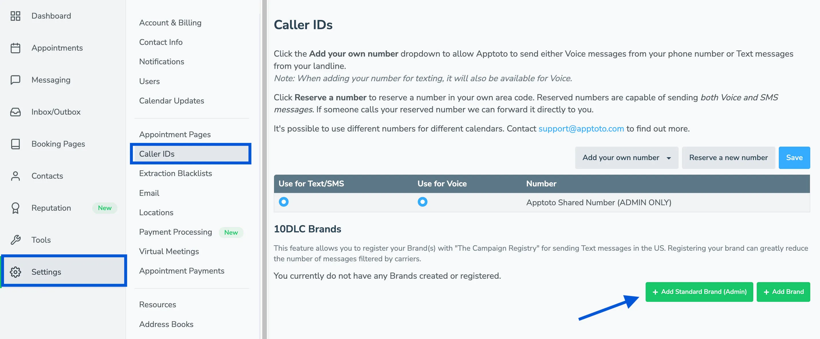 Register your 10DLC phone number in Apptoto's Settings > Caller IDs tab