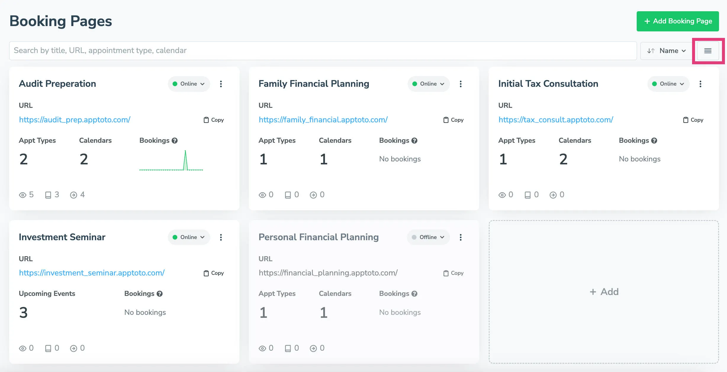 Apptoto Booking Page card view showing information about all booking pages.