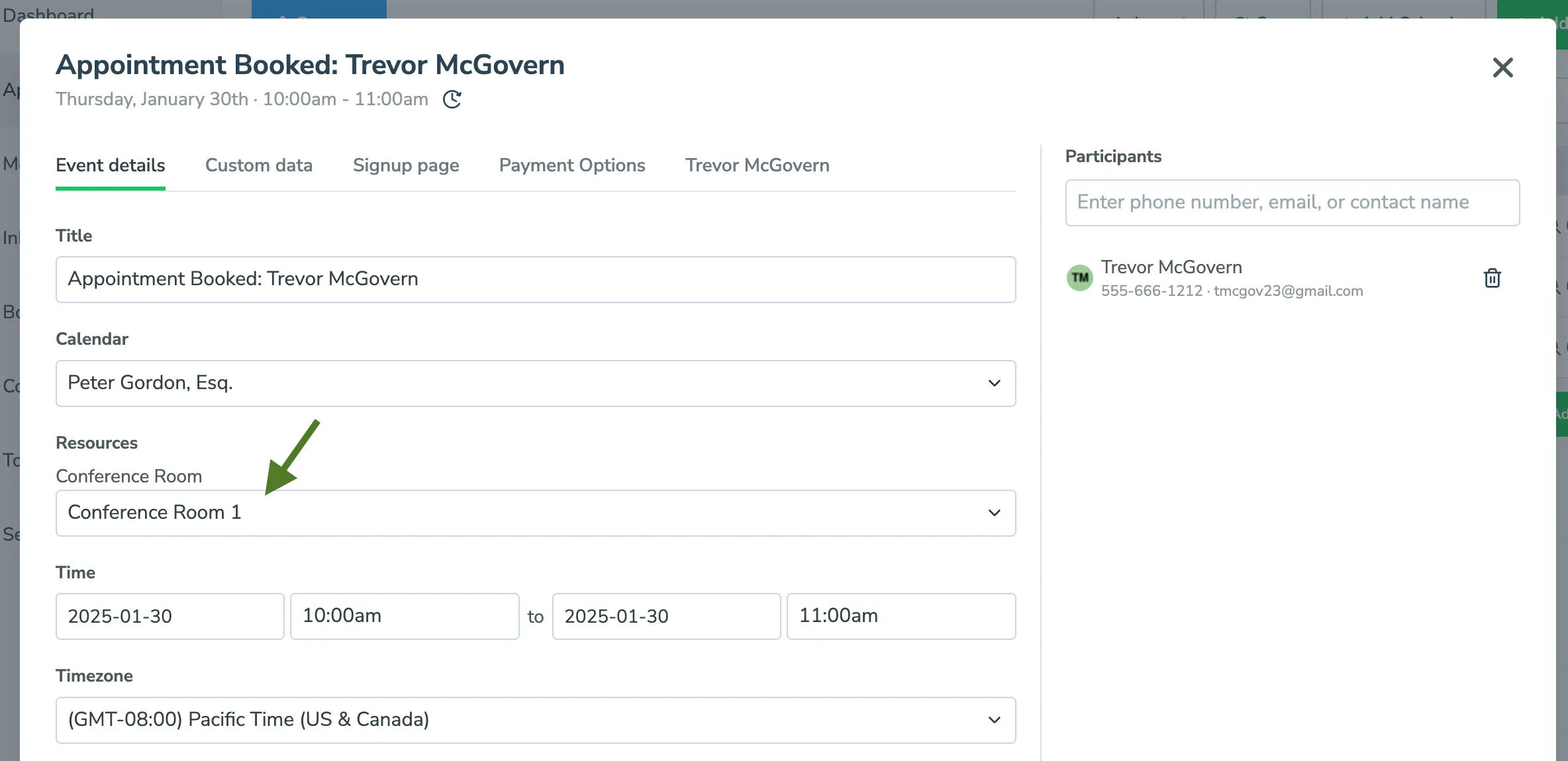 Use the appointment editor to change a resource after a booking has been made