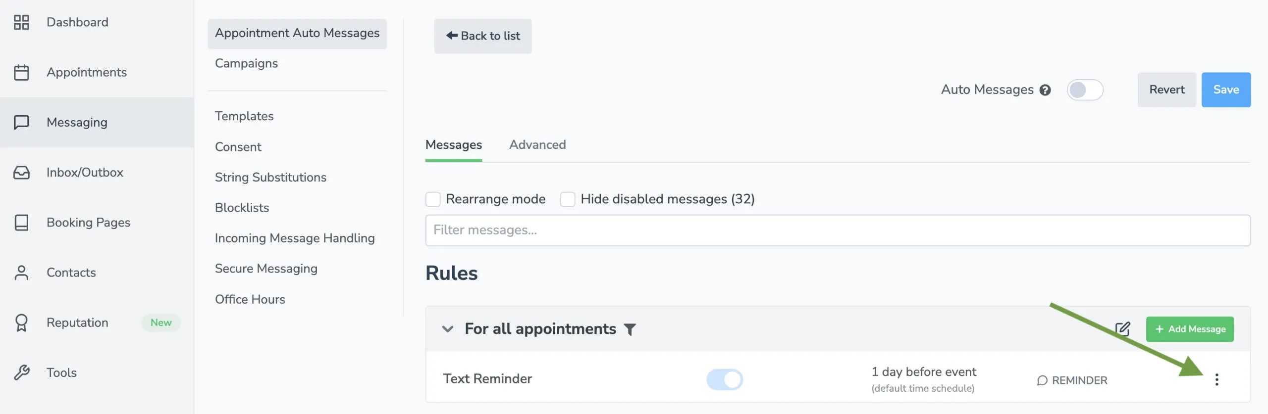 Edit an existing appointment auto message by selecting the vertical menu