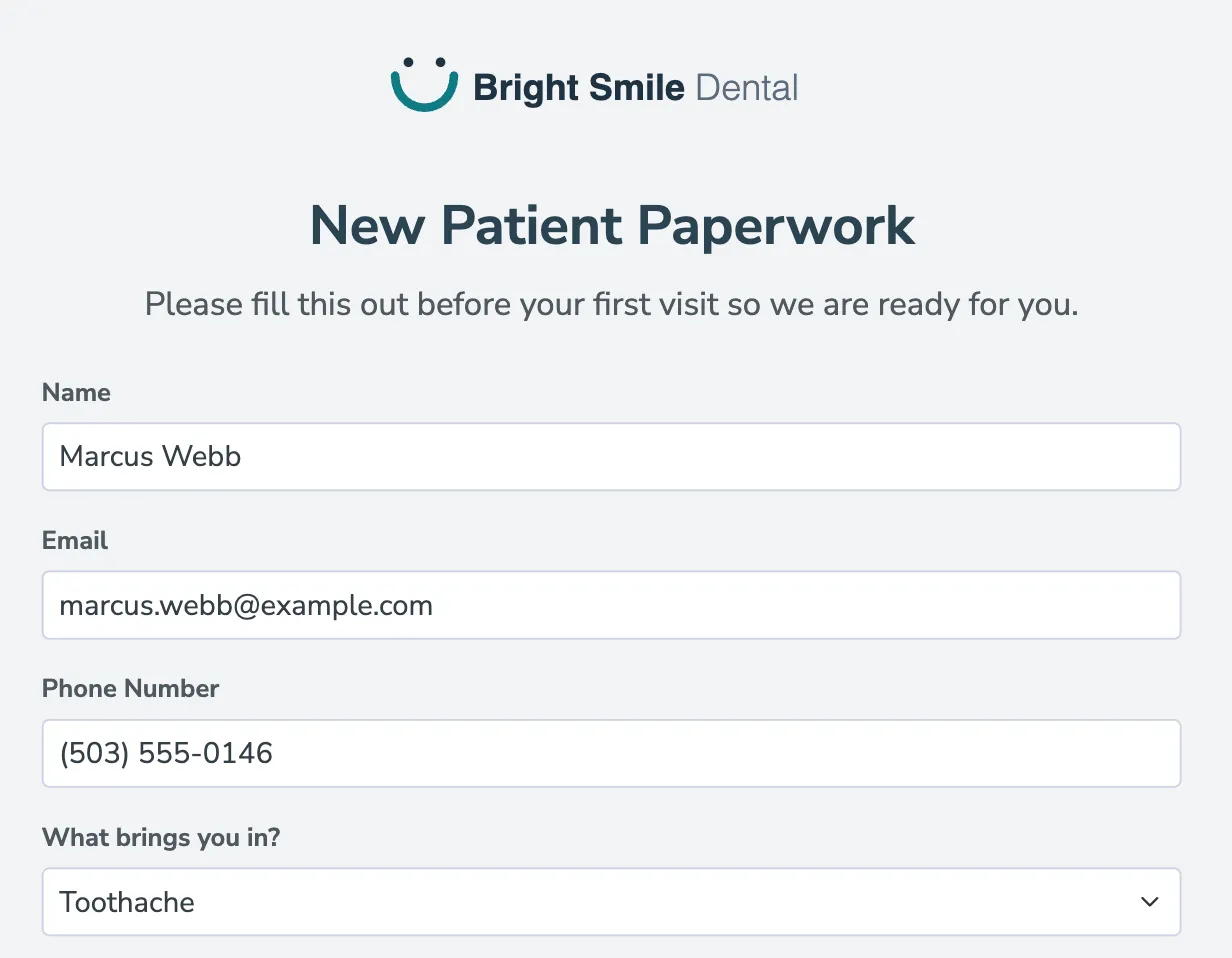 A form as a client sees it, with the logo, name, description and the first few questions