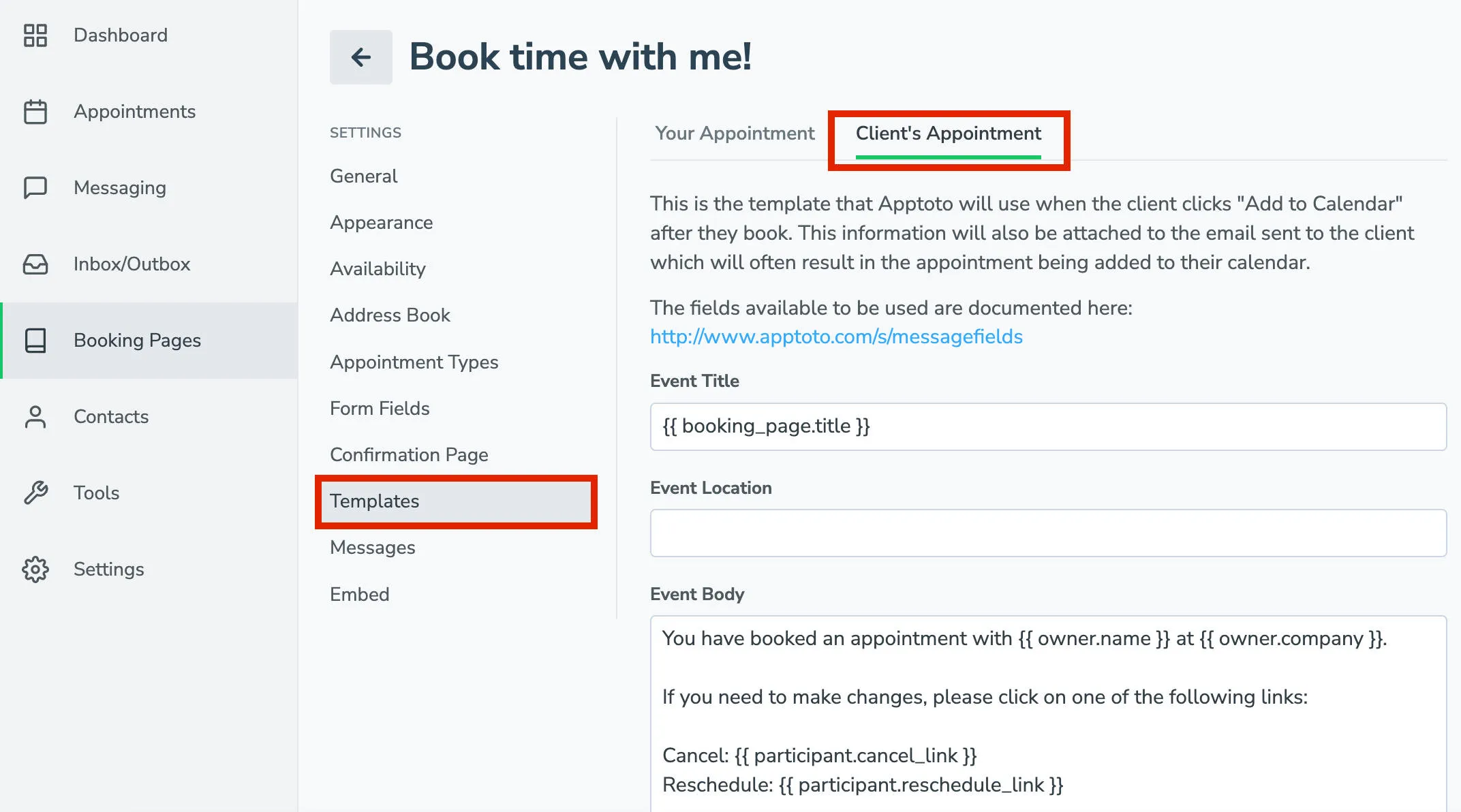 set a template for how events are added to your clients calendars in Apptoto