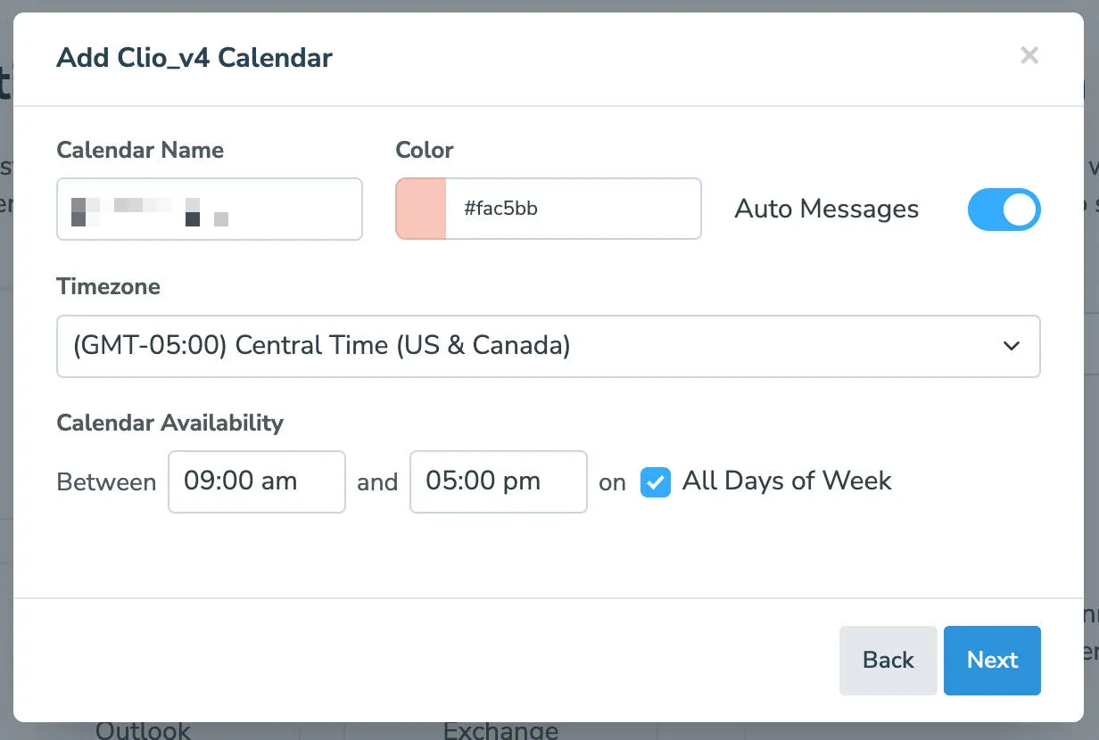Apptoto interface displaying where you enter the name for your Clio calendar and relevant settings