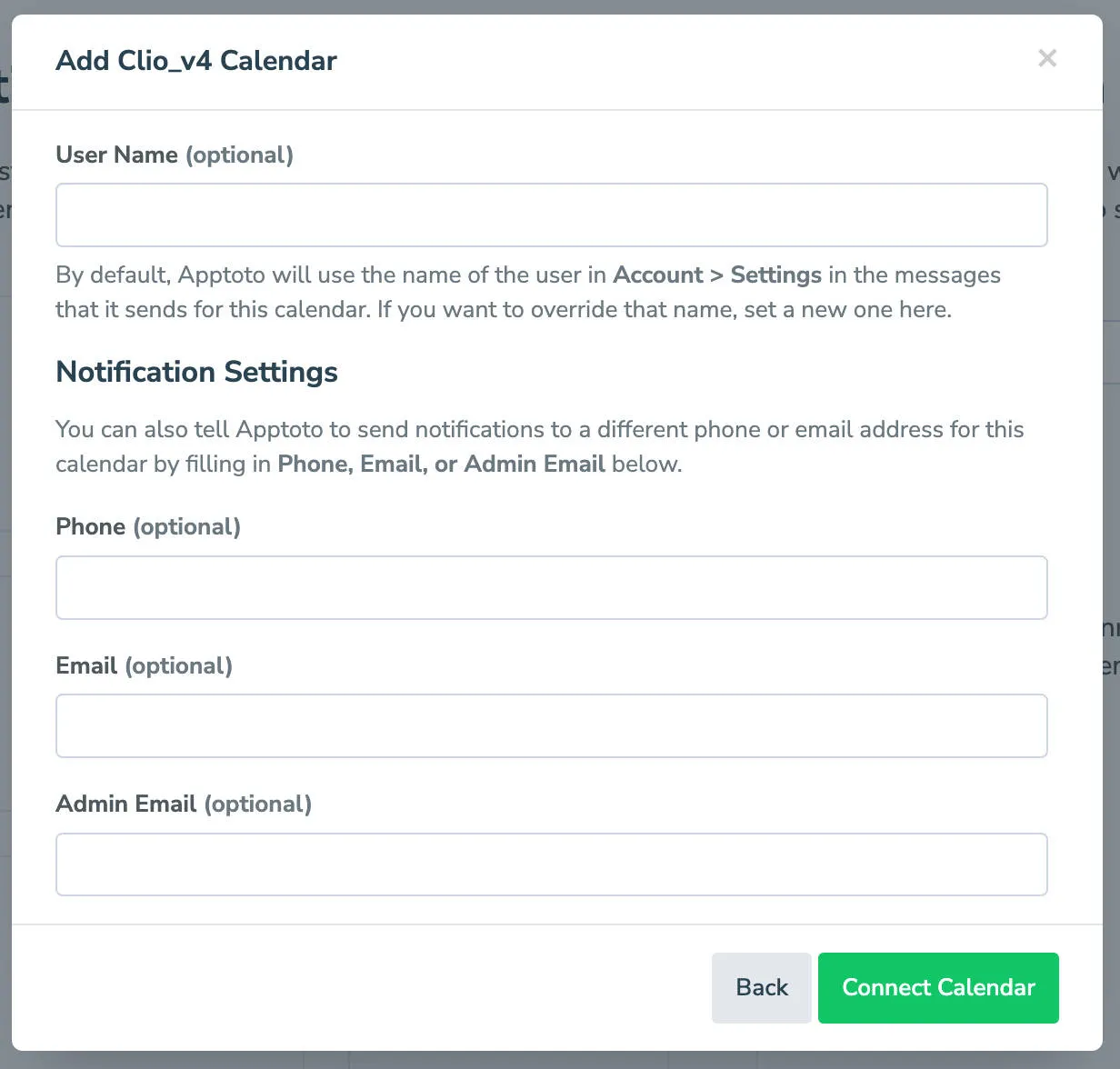 Apptoto interface displaying where to enter your username and notification settings