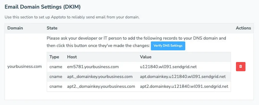Apptoto will generate three CNAME records to add to your DNS for DKIM verification