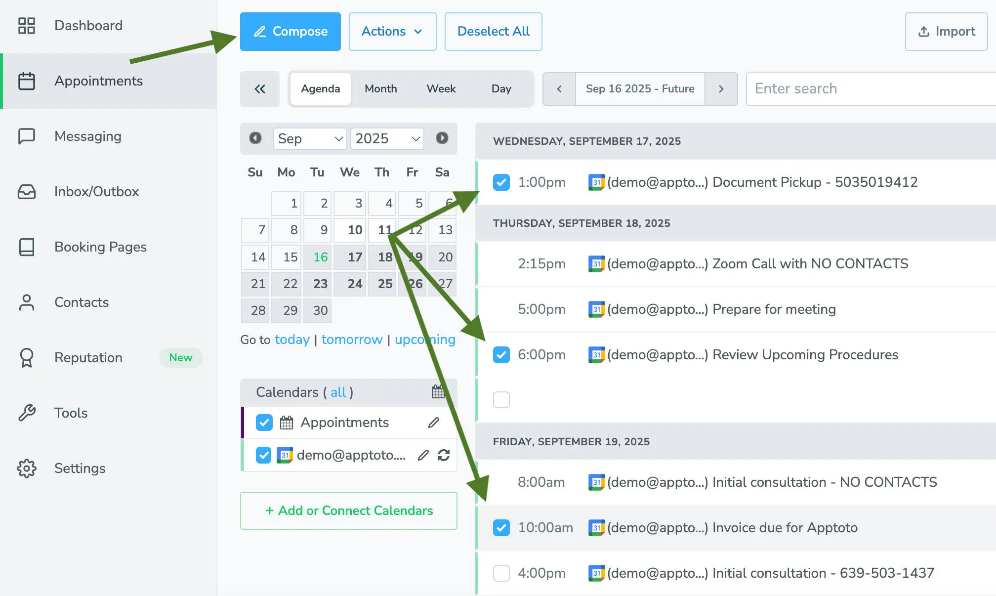Compose a one-time message in Apptoto to specific appointments on Appointments tab
