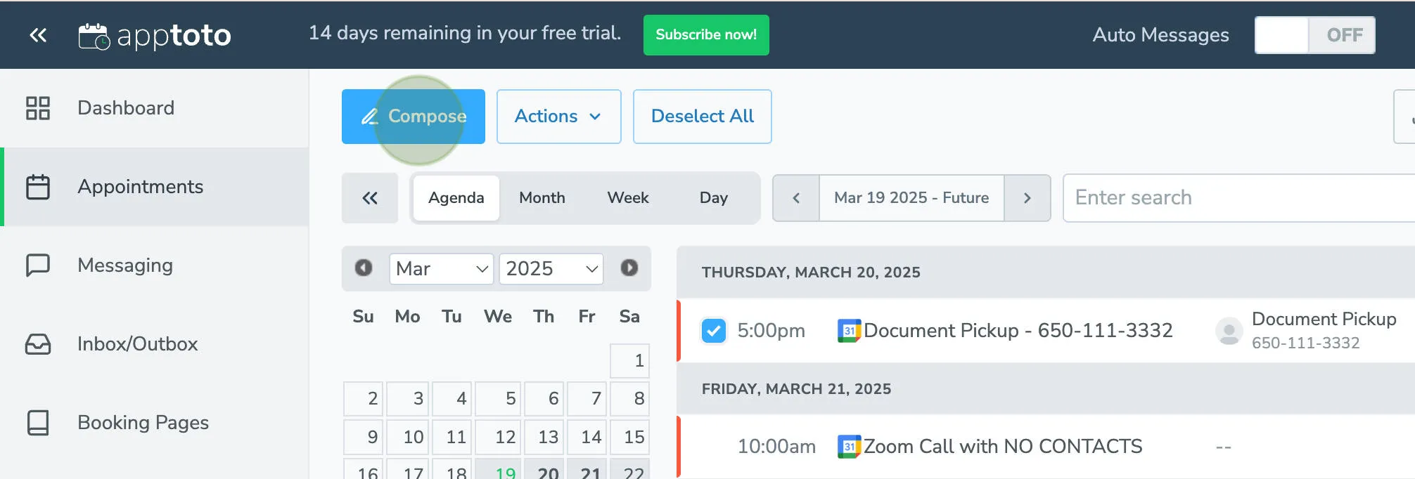 Click compose to send a message blast to multiple clients for multiple appointments at the same time.