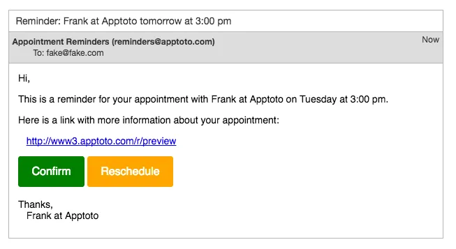 Example Apptoto appointment email with confirm and reschedule buttons inserted