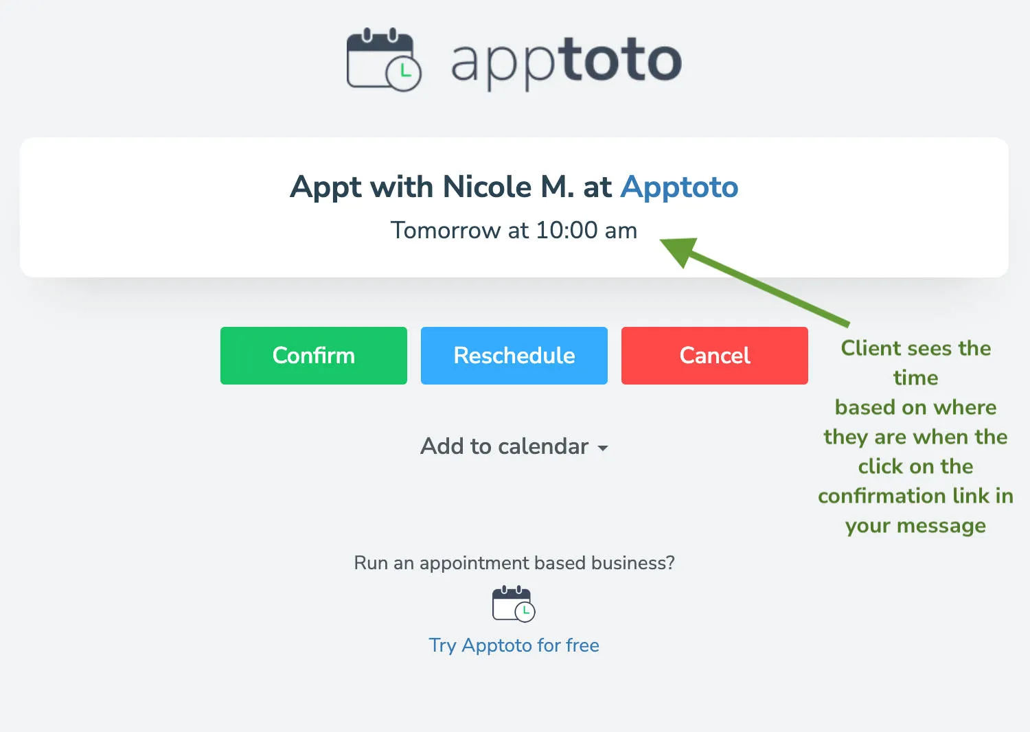 Confirmation message displaying time in the client's browser timezone