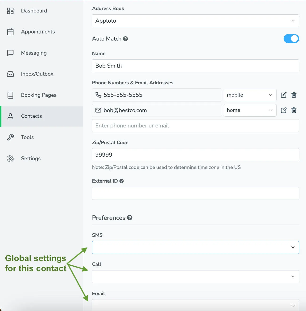 New contact name, contact information, and contact preferences