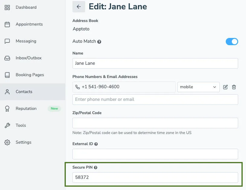 Add unique contact-level PIN via the Contacts tab.