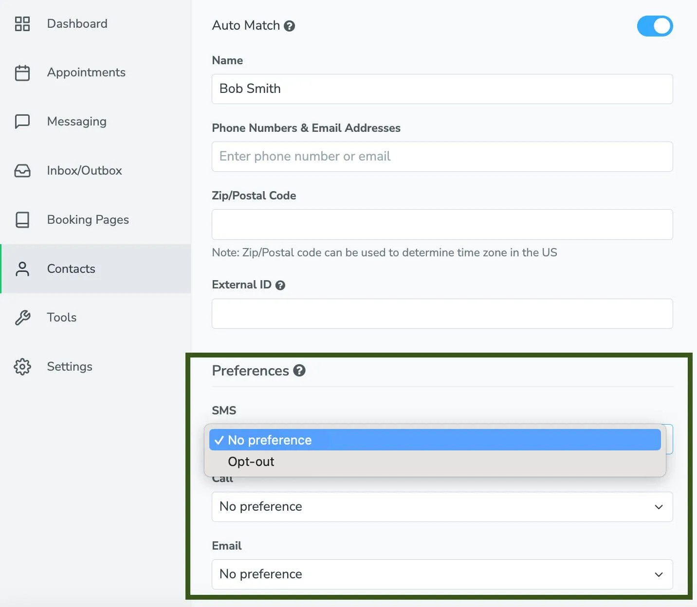 Address book contact messaging preferences section
