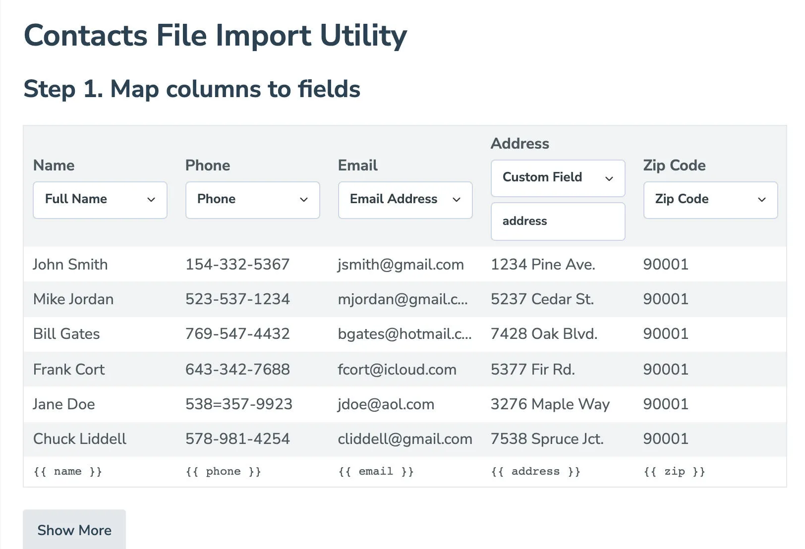 Contacts File import tool displaying client contact information such as name, email, phone number