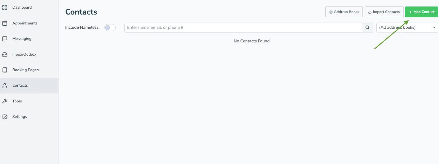 Apptoto Contacts tab where new contacts can be added via the +Add Contact button