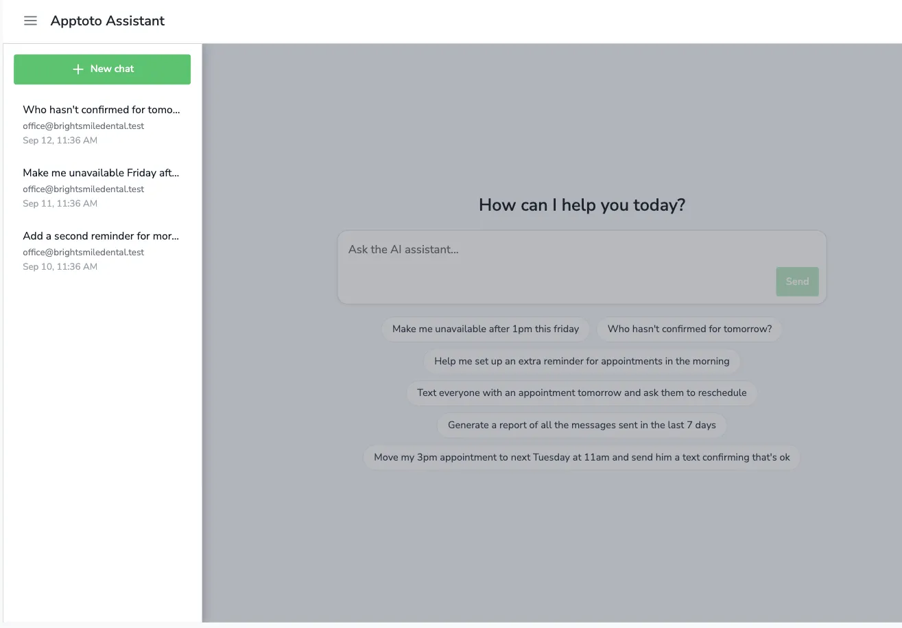 The conversations list open over the chat, showing three past conversations with their dates and a New chat button