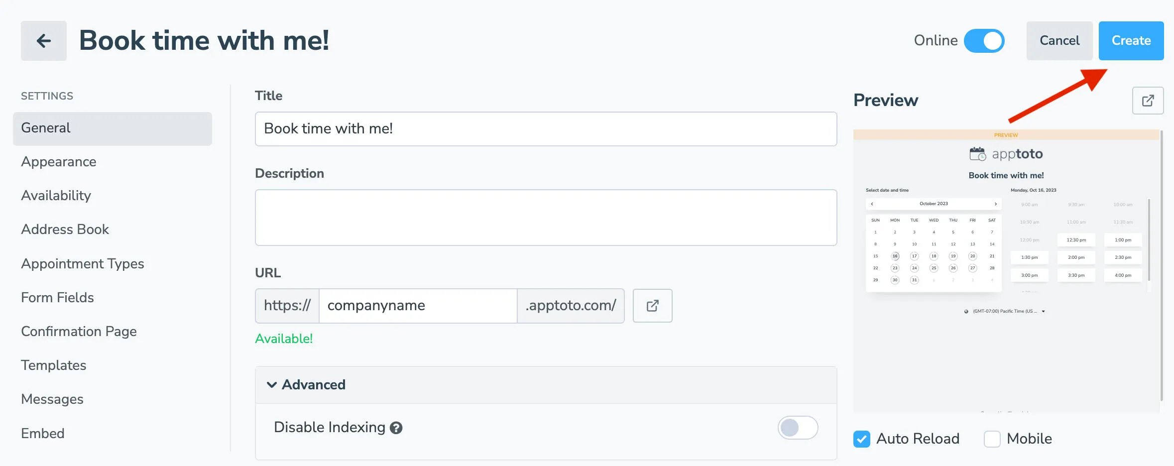 Create your page and save booking page changes in Apptoto