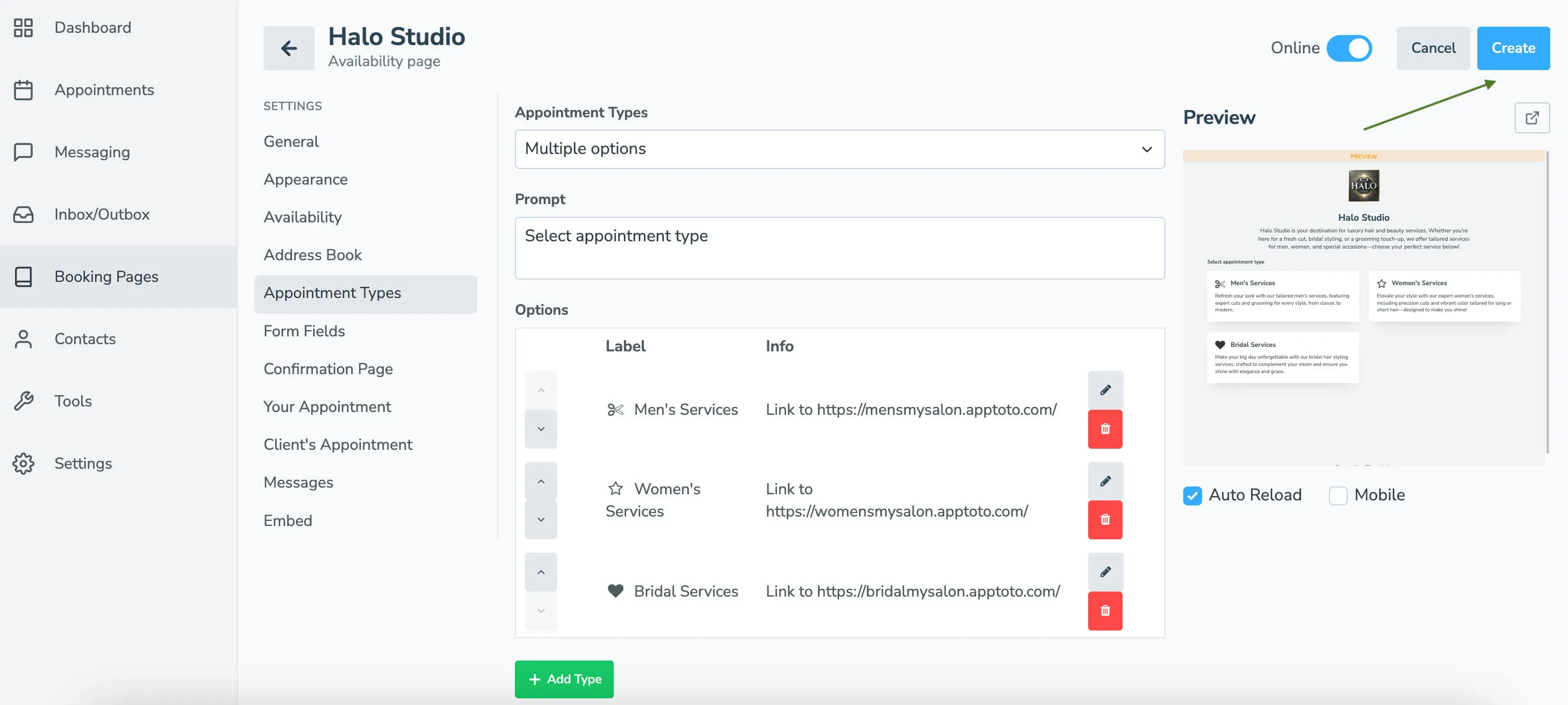Launch your multi-appointment-type booking page by clicking "Create."