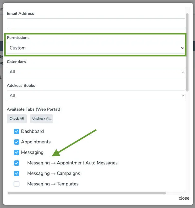 Select "custom" permission to limit Apptoto access to certain calendars, address books, and tabs