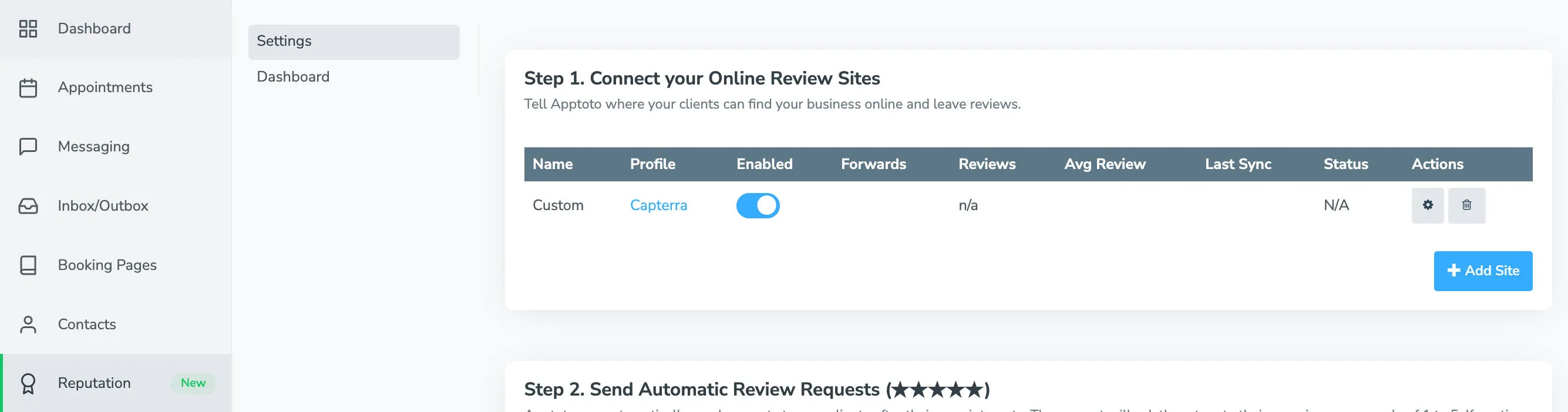 Custom review site as displayed on the Reputation Settings tab in Apptoto