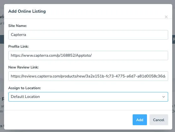 Fill out the add online listing form to add a custom review site.