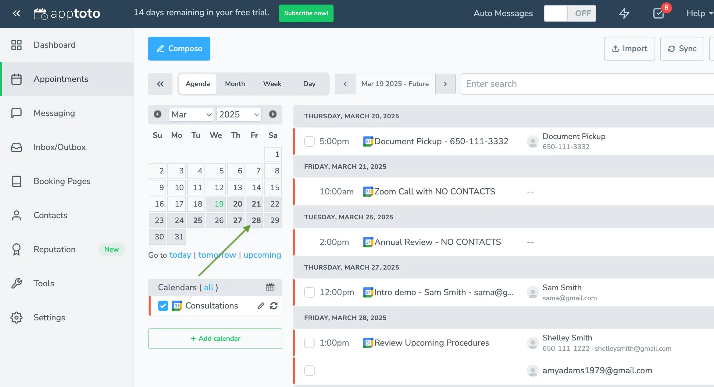 Select a date using the calendar to send message blasts