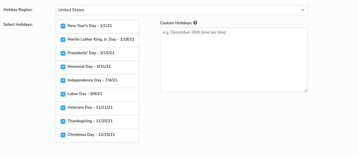 default holidays setting on Booking Pages Availability tab