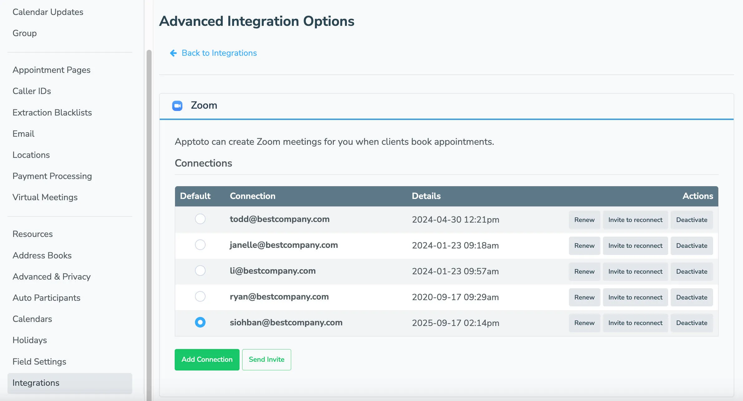 Choose which team member Apptoto will use as the default to create new meetings.