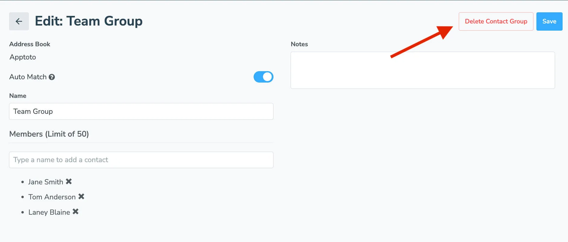 Delete contact group button