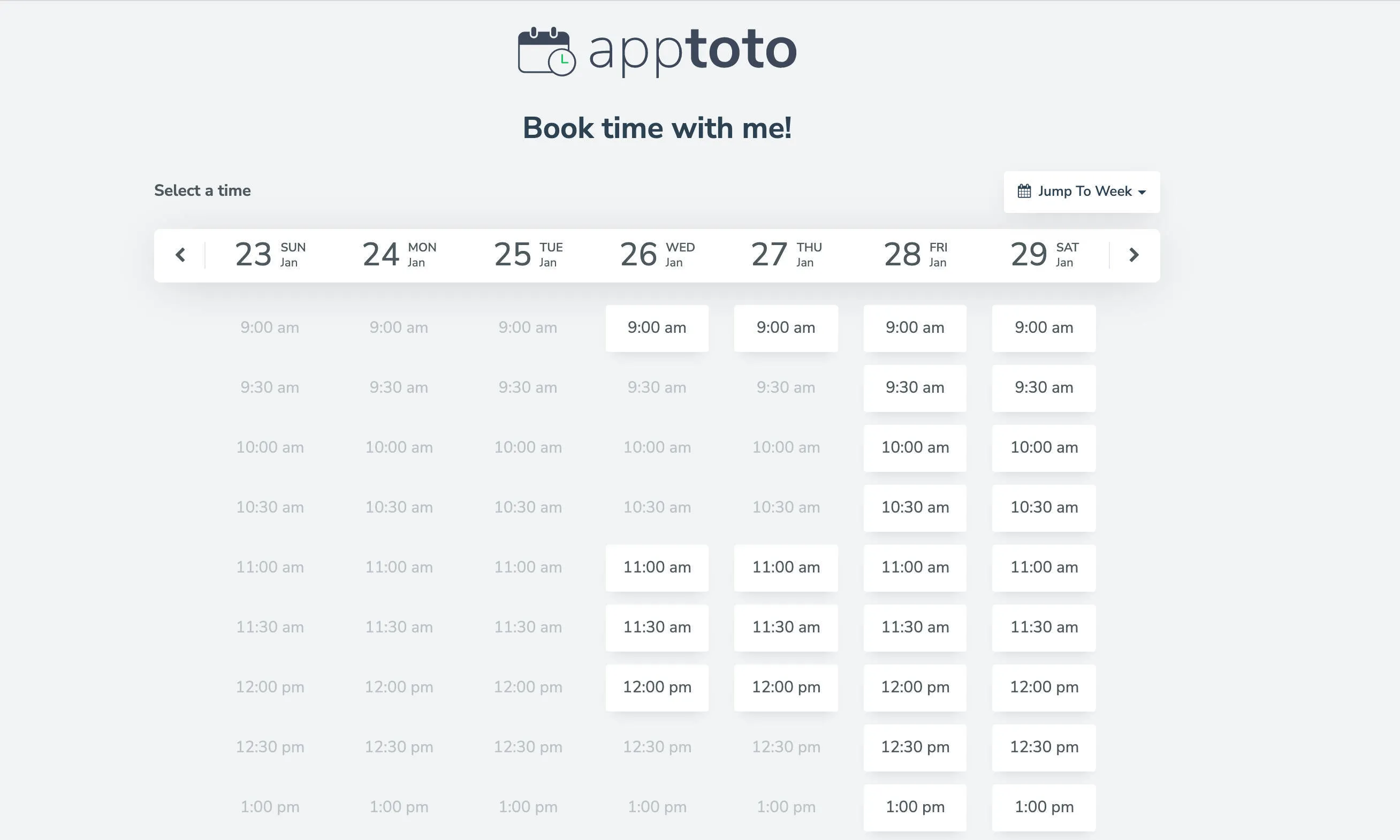 Apptoto booking page with a weekly view of available appointment times