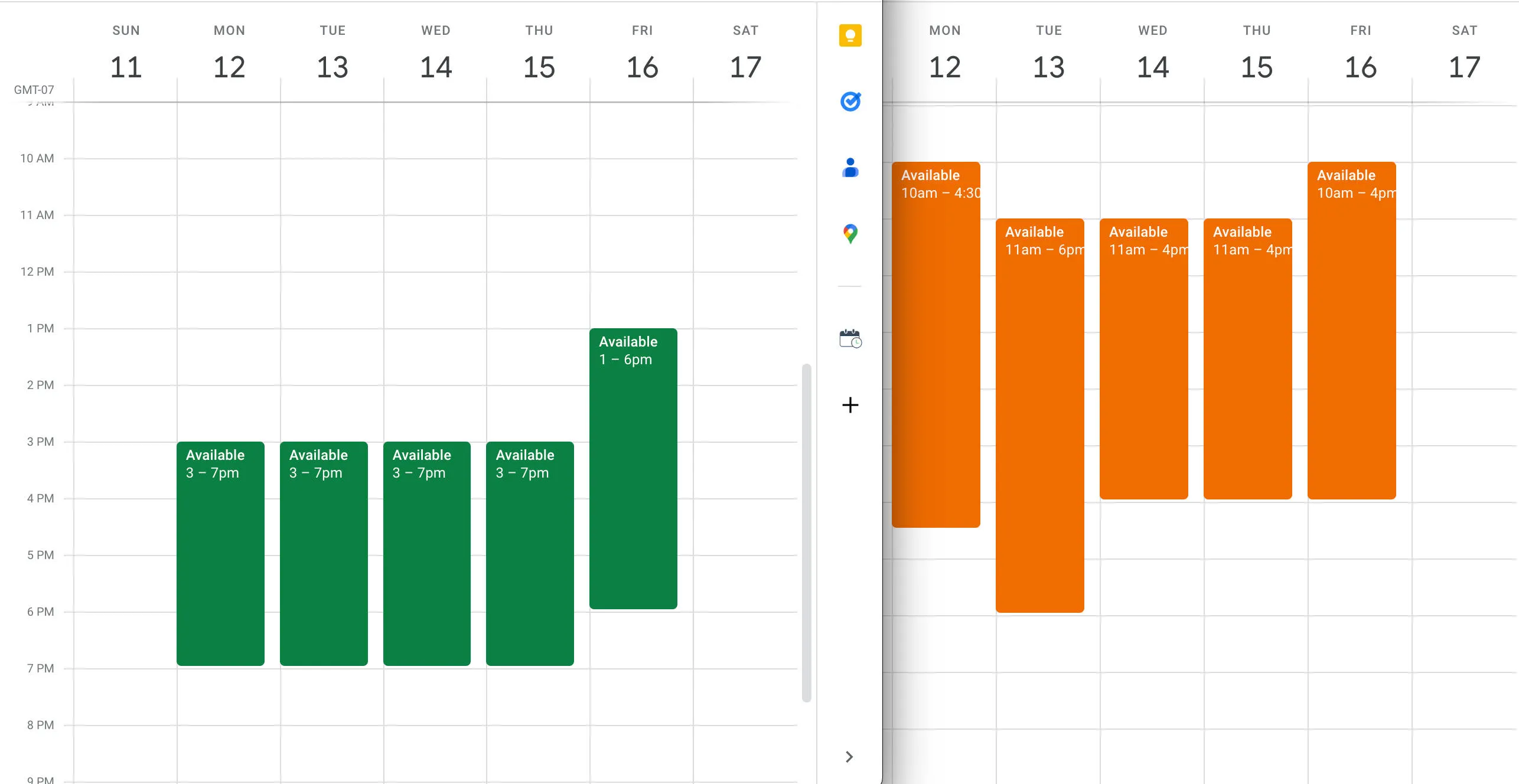 Example of seasonal availability for appointments shifting; calendar displays different time ranges for two weeks