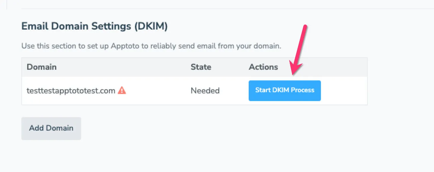 Button showing how to start the DKIM verification process in Apptoto's platform