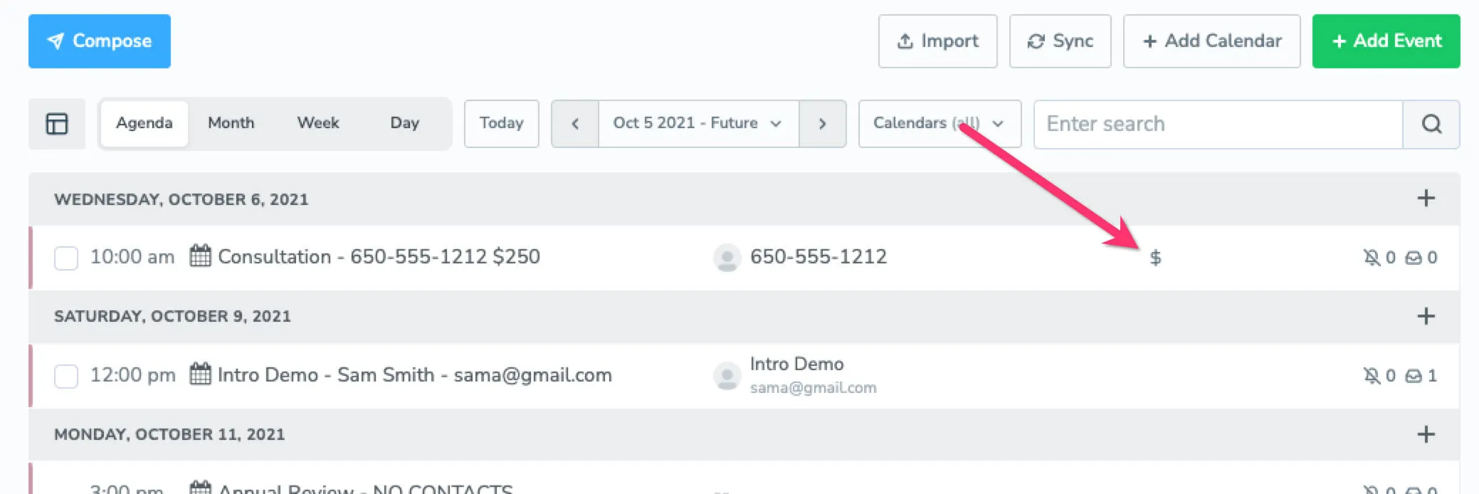 Request a payment manually by clicking the $ icon next to an event on the Appointments tab.