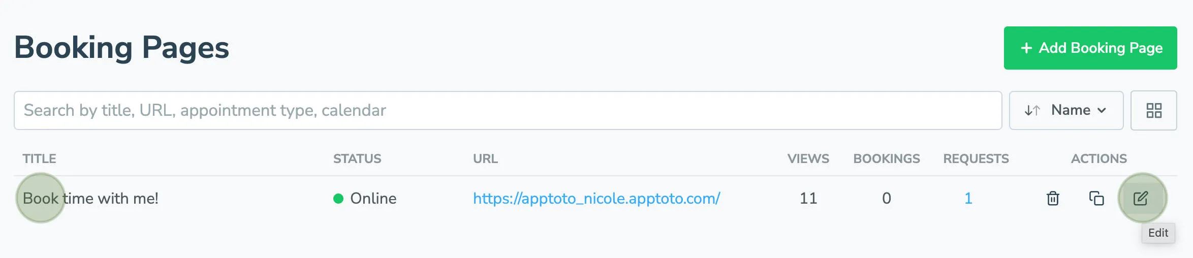 Edit booking page in Apptoto by clicking the title or pencil and paper icon