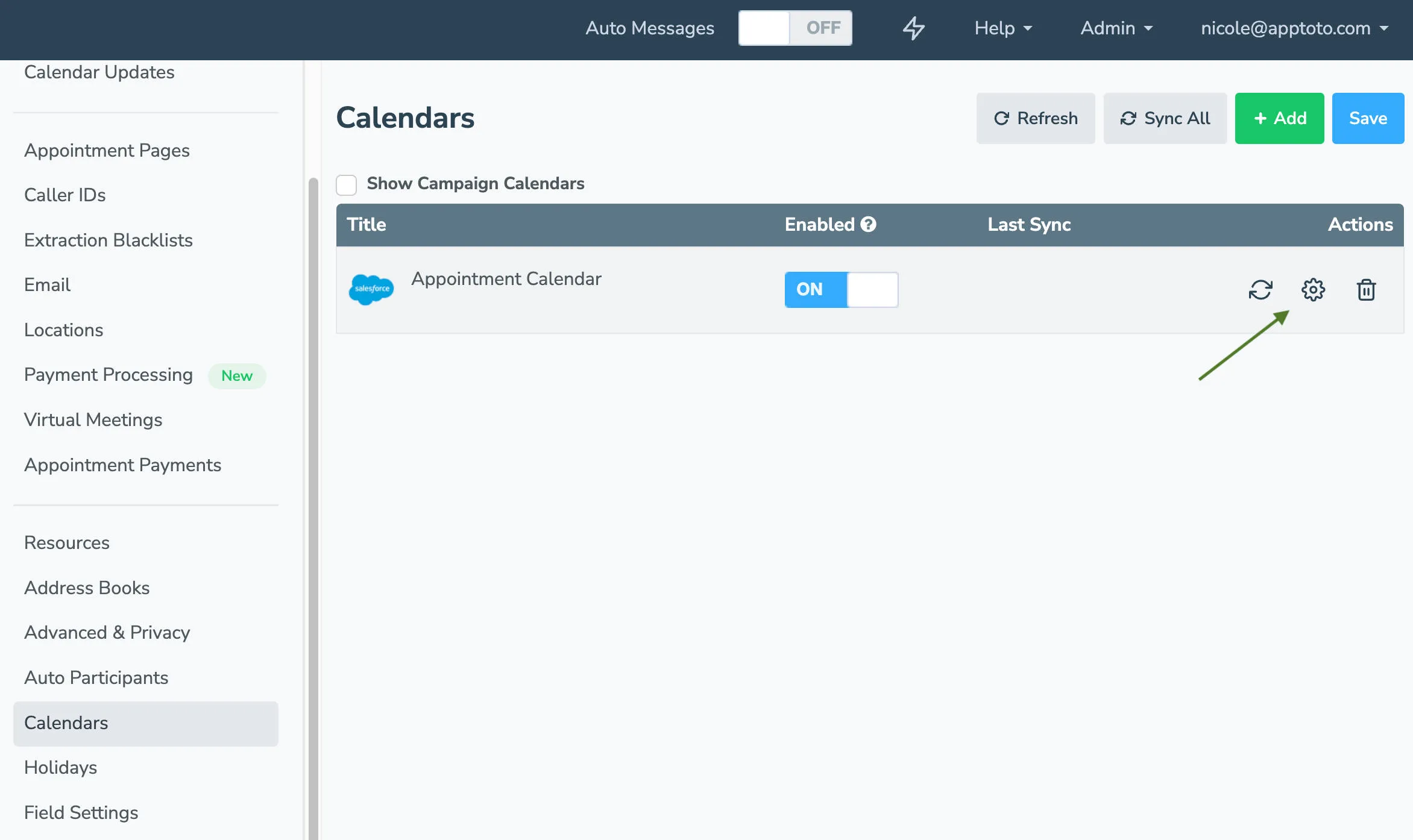 Edit calendar settings by clicking on the gear icon in Apptoto