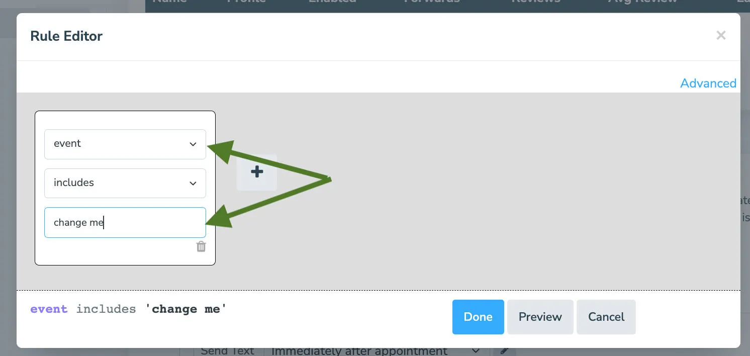 Use the rule editor to set advanced rules about which appointments should receive automated review requests