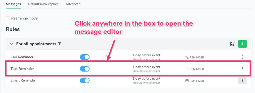 Click a message to edit it on the Appointment Auto Messages tab