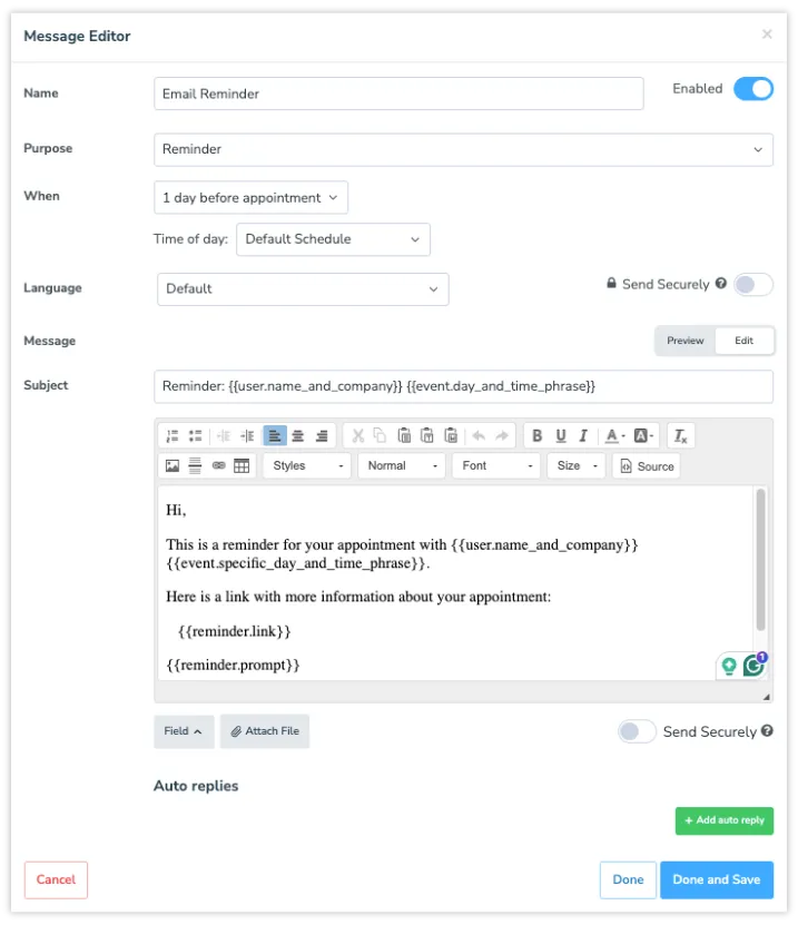 Configure an email appointment reminder and all settings in Apptoto including the reminder message