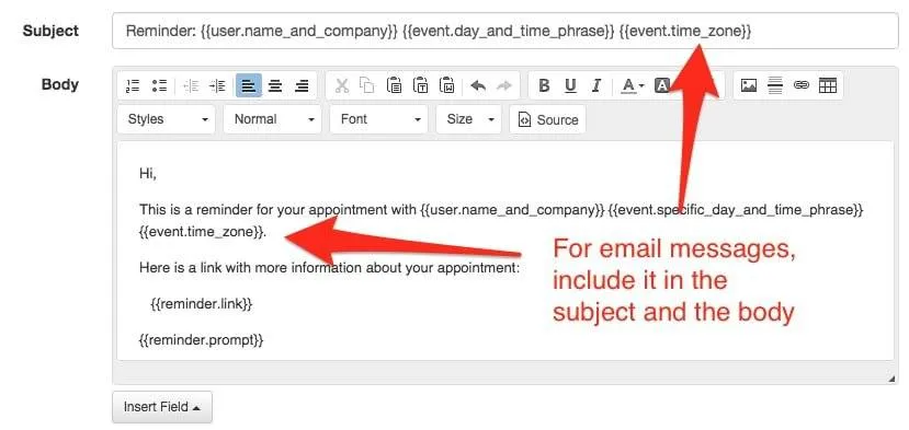 Include the liquid variable field for time zone in your email subject and body