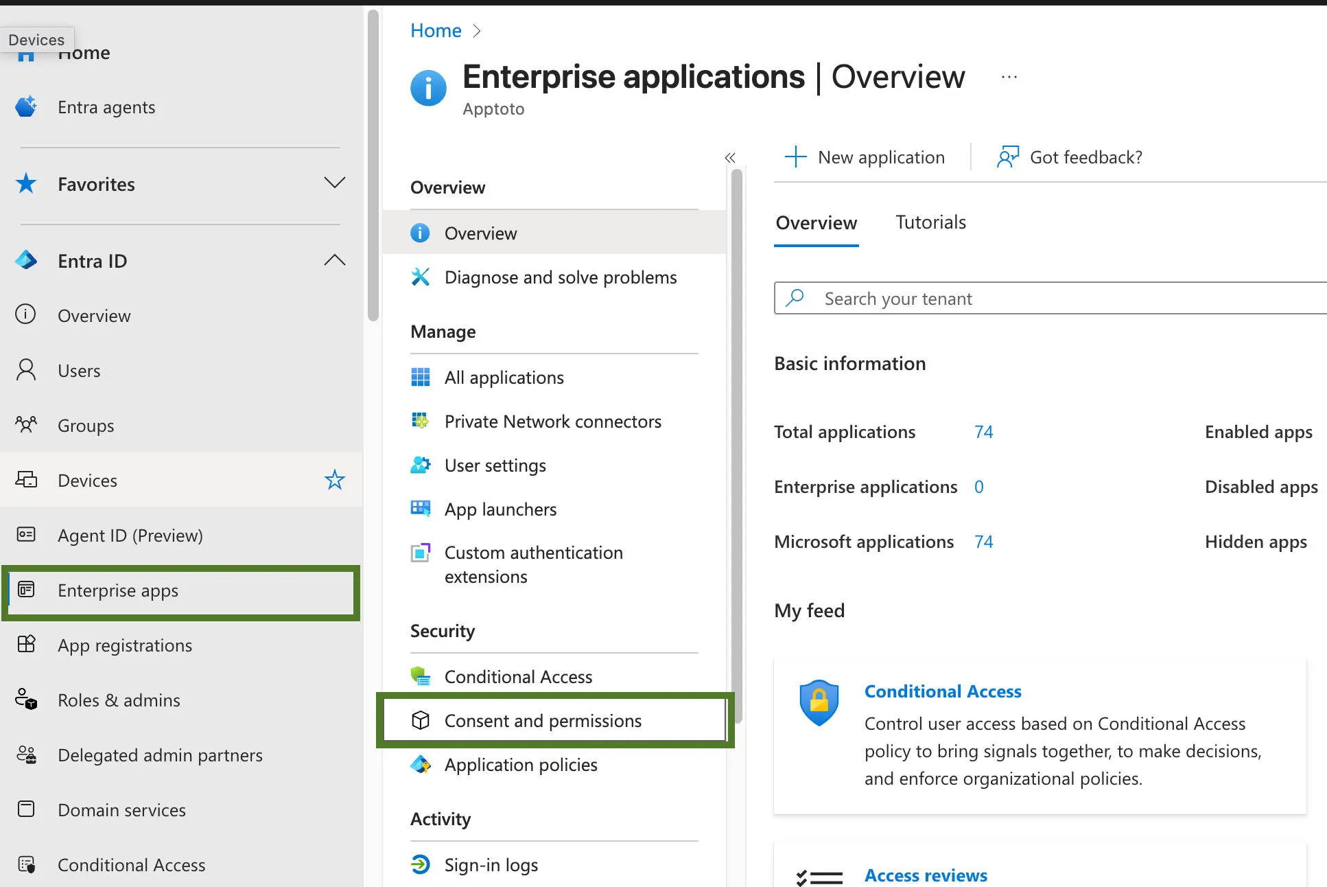 Microsoft Entra enterprise apps and consent and permissions tabs