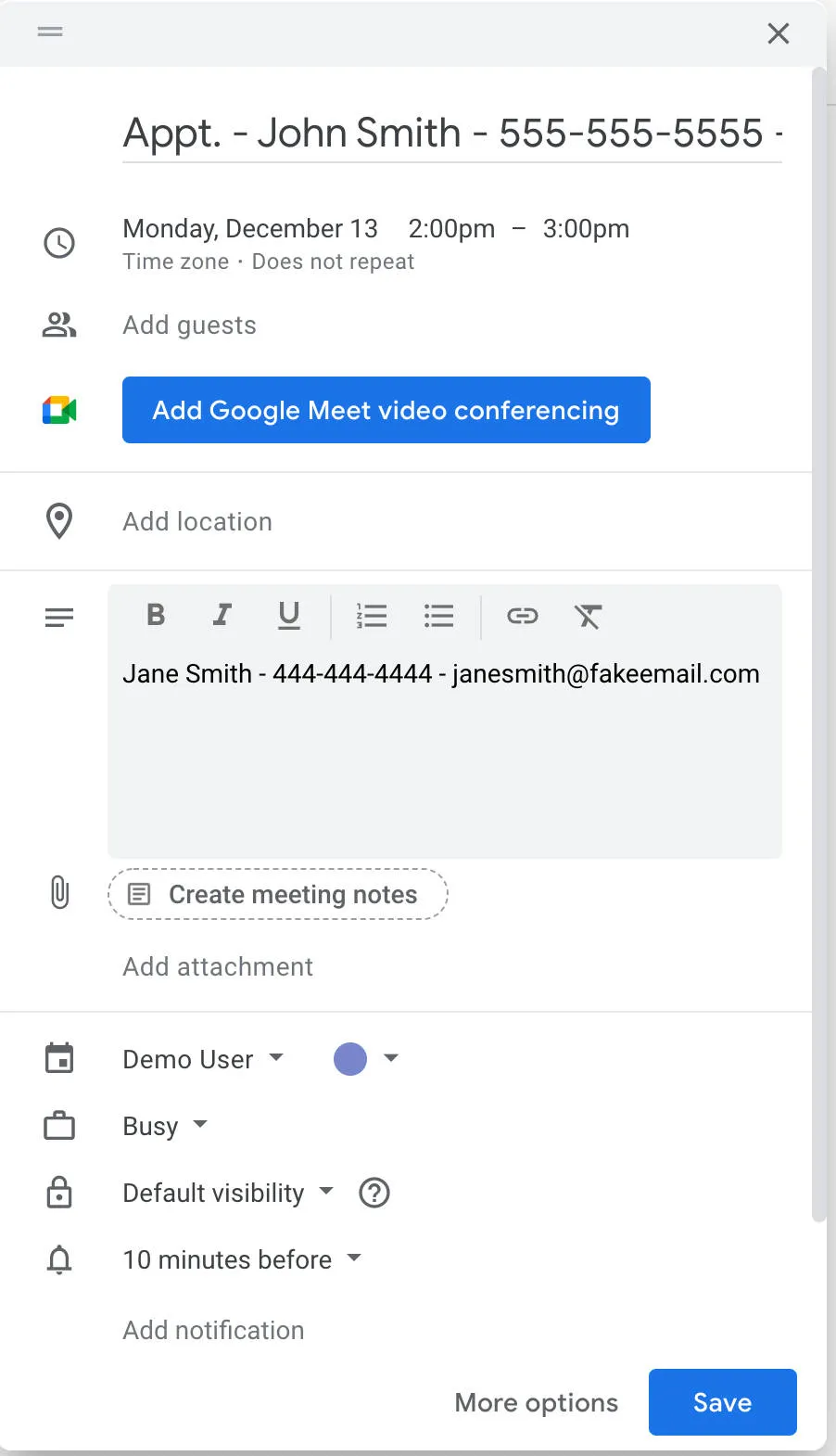 Google calendar event showing how a client and their contact information should display using best practices