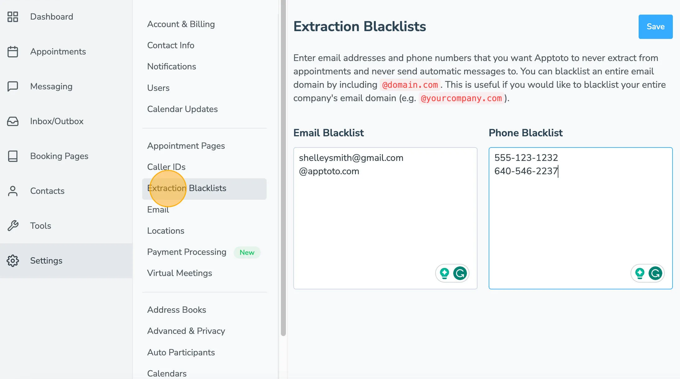 Highlighted Extraction Blacklist tab in Apptoto platform