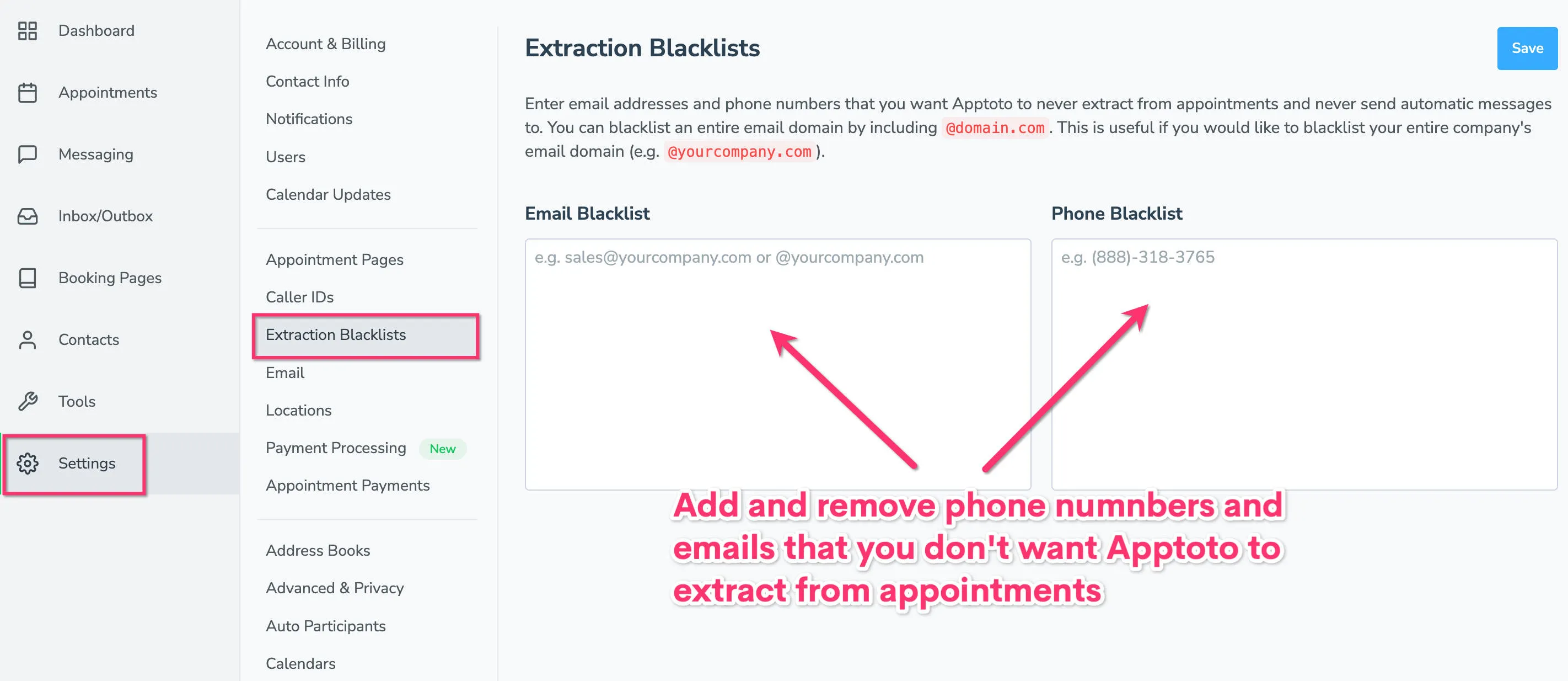 The extraction blacklists prevent Apptoto from sending automatic messages to phone numbers or emails on the list